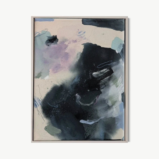 Frozen Lakes – color field painting by Rita in black and mauve pressing against a pale ground, heavy and luminous, about endurance and the beauty of things that hold through repeated layering and reworking