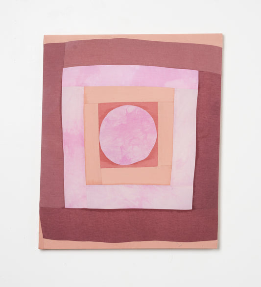 PORTAL II – hand-dyed textile artwork by Panda Landa with concentric bands of rose, blush, and warm earth tones guiding eye inward toward soft circular center, calm meditative quality unfolding slowly the longer you spend with it