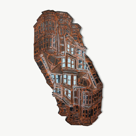 Oak and Divisadero – shaped mixed media painting by Jacomet of a San Francisco Victorian building cut free of context as a sculptural object, in warm copper and rust with incised dark teal-black window and cornice lines built from acrylic and construction caulking