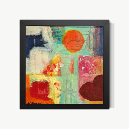 Looking at the Moon – small painting by Lesley with glowing orange circle hovering against soft turquoise and layered blocks of pink and red like a moon rising over imagined landscape, translucent washes and delicate line work