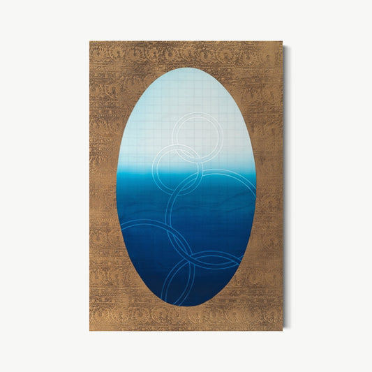 Tapestry of the Ocean #2 – painting by Koury with tall vertical oval in pale sky to rich cobalt blue gradient evoking ocean depth, framed by antique-gold textile-patterned ground