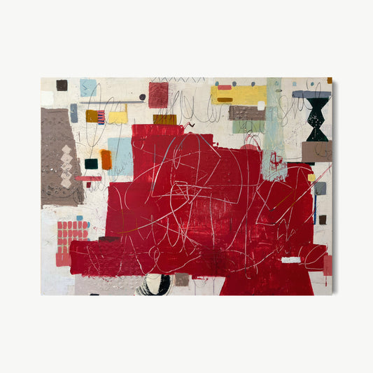 Tour de Force – large mixed media painting by Corcelle with deep crimson field, collaged rectangles, and pencil marks in ivory, grey, and black