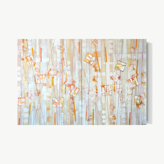 Evolving – largest encaustic painting by Goren with slender vertical forms in warm cream, gold, and pale orange rising across large panel like reeds or tall figures, meditative accumulation of wax and pigment over breathing ground