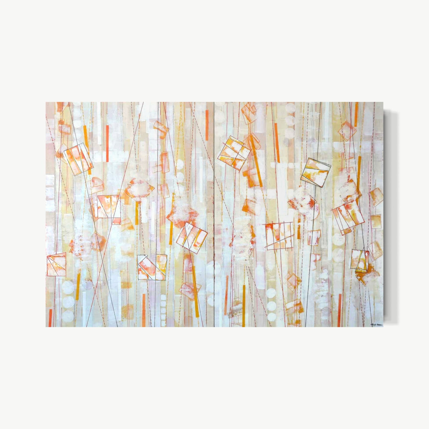 Evolving – largest encaustic painting by Goren with slender vertical forms in warm cream, gold, and pale orange rising across large panel like reeds or tall figures, meditative accumulation of wax and pigment over breathing ground