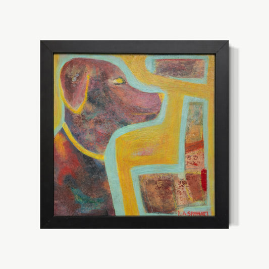 Parkour Dreams – painting by Lesley with dog portrait in steady focused profile in rich layers of deep burgundy, teal, and earthy tones, bold yellow and soft turquoise graphic structure, warmth and power from observed felt connection to dogs