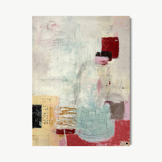 Out Of Reach – vertical mixed media painting by Corcelle with sage green, crimson, and soft gold on a luminous pale ground