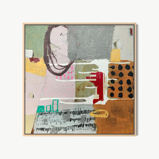 HY-KO – small mixed media painting by Corcelle in grey, pink, mauve, and warm brown with collaged elements and recurring cluster of small black dots