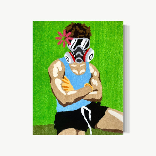 Do You Smell Fumes Recreated Textile Work – large tufted acrylic yarn work by Cedric Vu at 68 by 48 inches showing a gas-masked self-portrait figure with arms crossed, red flower, and electric green background on cotton