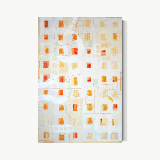 Windows of Opportunity – encaustic painting by Goren with cool gridded composition of pale cream and warm amber rectangles on near-white ground like windows looking out at many windows each a different possibility