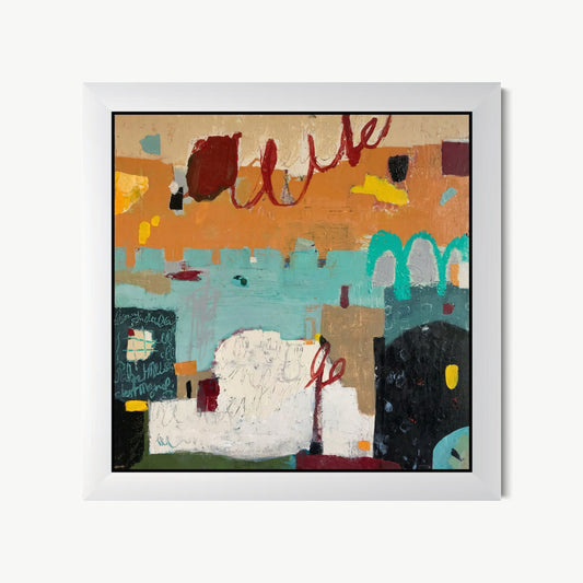 Thé à la menthe II – mixed media painting by Corcelle with warm ochre, teal, and deep red architectural blocks and red cursive script evoking Morocco