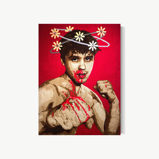 Phosphenes – largest tufted acrylic yarn artwork by Cedric Vu at 72 by 53 inches showing boxer self portrait with fists raised, blood at nose and chest, and ring of daisy flowers orbiting head like flashes seen after a hit