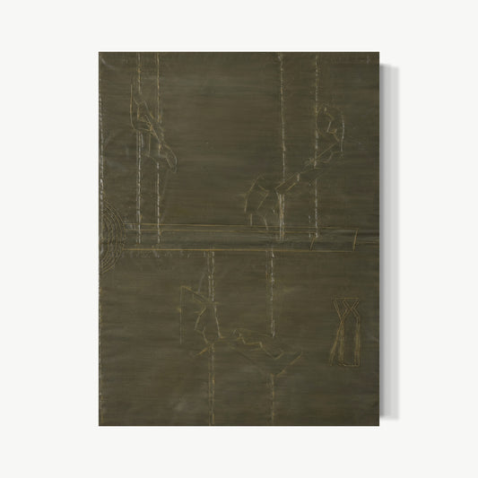 Innocent and Minus II – work by Terese Garcia with warm golden-tan ground carrying translucent material layers with dark shapes caught between like shadows or pressed objects, reading as both flat and deep