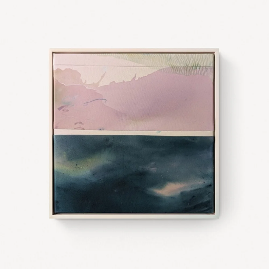 Moving Horizons – color field painting by Rita in rose and teal held at the edge of each other, two fields breathing into each other at the moment before things change through layering and erasure