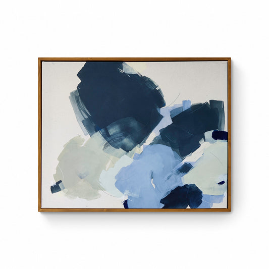 Indigo Illusion – color field painting by Rita in deep indigo and navy floating against a soft ground, dense and weightless, about something half-seen built through repeated layering and removal