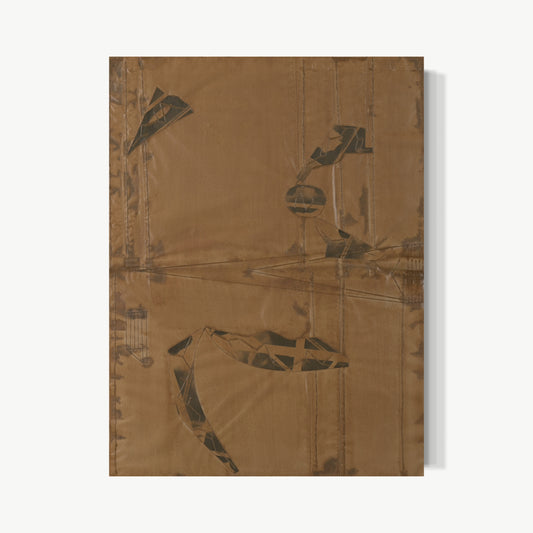 Innocent and Minus – work by Terese Garcia with warm golden-brown translucent ground carrying dark shapes caught in layers, figure and ground difficult to separate, depth without volume through patient material building