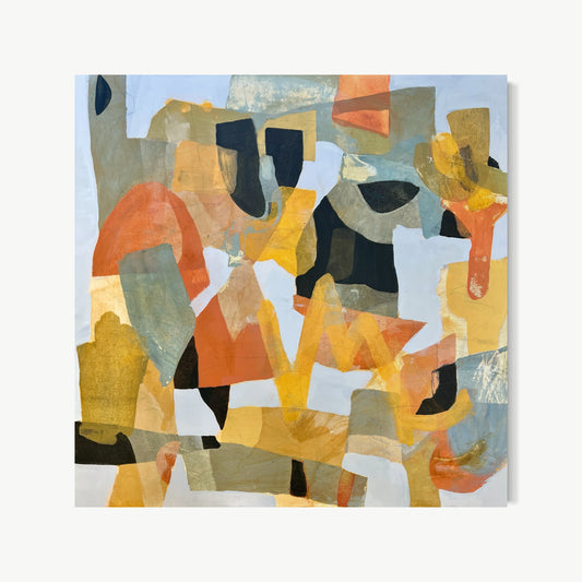Sea Glass – abstract painting by Cox in pale blue-grey and soft amber with worn smoothed forms evoking sea-tumbled glass on a cool luminous ground