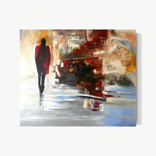 Wrecked – emotionally charged mixed media painting by Mary with slashing reds across cold reflective ground and solitary figure in the aftermath, raw truth of a moment after impact without resolution
