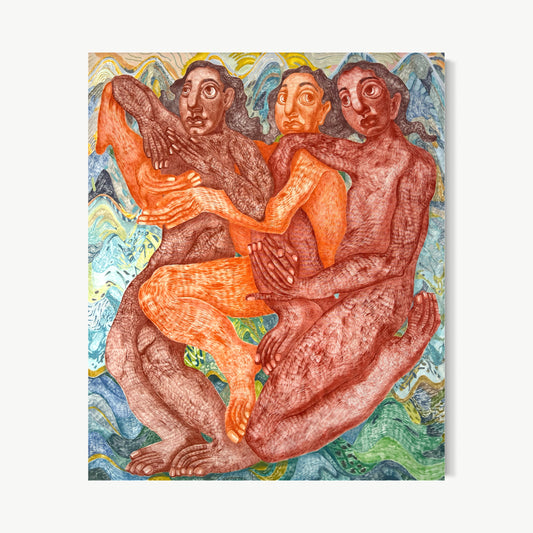 The Secret of Alps – figurative painting by Vorona with three figures in terracotta and burnt sienna woven together against a swirling alpine landscape of blues and greens