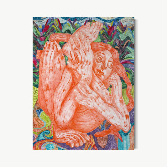 Forest – figurative painting by Vorona with terracotta figure folded into itself against a swirling wild-color background, exploring solitude and the inner emotional world of the body