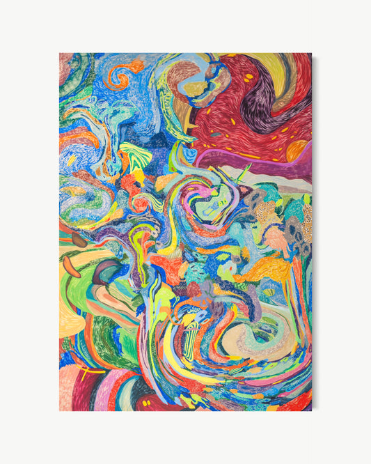 Summer Painting – large abstract painting by Kate Vorona nearly seven feet tall with swirling interlocking ribbons of cobalt, lime green, crimson, mauve, acid yellow, and teal occupying the room