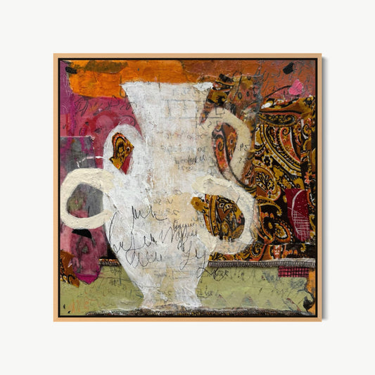Four-Handled Serenade – mixed media painting by Corcelle featuring a white ceramic jug richly collaged with paisley and floral papers on a warm layered ground