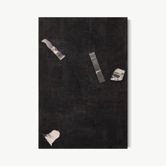 Untitled – work by Terese Garcia with near-black ground holding three small pale torn paper or foil fragments scattered with deliberate spacing, object and void at their quietest extreme
