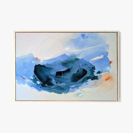 Echoes of a Tide – color field painting by Rita in cerulean and pale blue surrounding a deep anchoring central form, about rhythm, repetition, and the peace of things that move in cycles