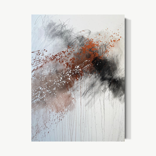 Flight – abstract painting by Shields on pale ground with dense mass of charcoal and grey sweeping diagonally with bursts of burnt orange and rust exploding through and white flecks scattered like light through smoke with fine falling drips