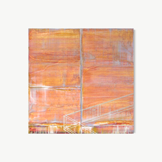 Moving Light Diptych – two square panels by Koury in warm amber, copper, and rose with richly textured surfaces and white angular geometric form in the lower panel suggesting light moving through space