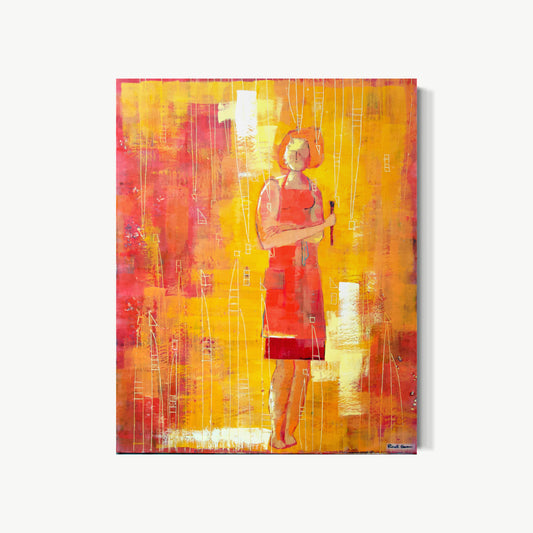 With a Brush – encaustic painting by Goren with female figure in red standing against warm amber ground, brush in hand, artist caught in act of deliberate creation in unusually personal encaustic image
