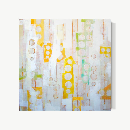 We Are So Much More – encaustic painting by Goren with vertical bands of soft gold, cream, and pale green carrying rounded and rectangular forms across luminous ground, one of her most optimistic abstractions