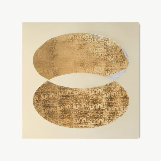 Tapestry of the Halos – painting by Koury with two large antique-gold textile-patterned ovals stacked vertically and overlapping at center against a white ground, evoking sacred and natural halo forms