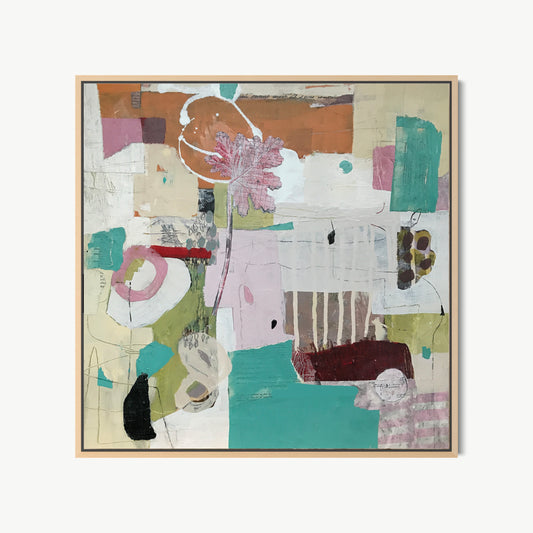 Droit fil sans couture – mixed media painting by Corcelle in teal, blush, olive, and deep brown with patchwork-logic collage fragments evoking textile and fiber arts