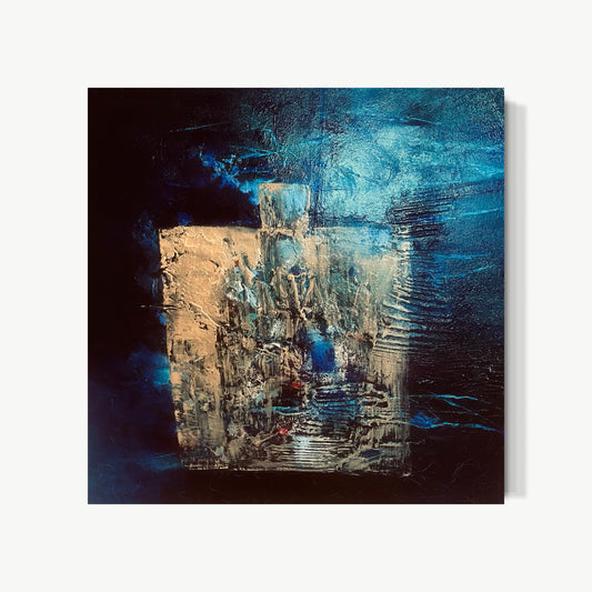 The Scent of You – mixed media painting by Mary in blacks, blues, and flashes of gold built through layered collage and paint, about memory and the way sensory impressions linger long after everything else fades