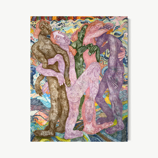 Currents Beneath the Skin – large figurative painting by Vorona with three figures in muted brown, lilac, and dusty rose moving in slow choreography against churning colorful background