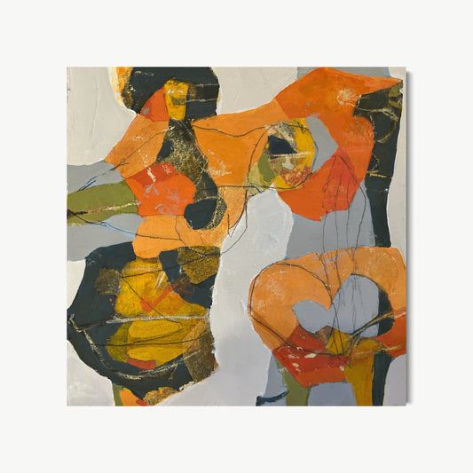 Slam Dunk – small abstract painting by Cox with bold orange and black forms leaping across cool grey ground with quick gestural pencil lines