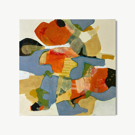 Fandango – abstract painting by Cox with bold interlocking shapes in burnt orange, slate blue, and warm ochre evoking the physical memory of festive music and dance