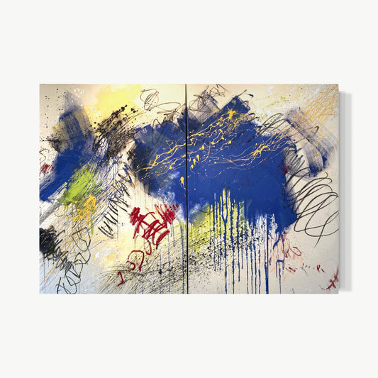 The Dance of Time Diptych – acrylic, oil, and graphite diptych by Shields at 48 by 60 inches with deep cobalt blue anchor amid golden trails, red bursts, graphite spirals, and black cascades moving with complete freedom