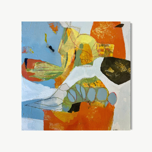 Streetside Bouquets – small abstract painting by Cox in warm oranges, dusty blues, and gold with loose street-market energy and layered depth