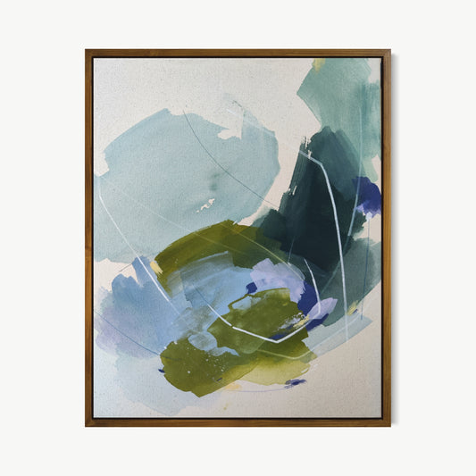 In This Space – color field painting by Rita in teal, olive, and deep blue loosely gathered against a pale ground, forms present but not fixed, built through repeated passes of layered color