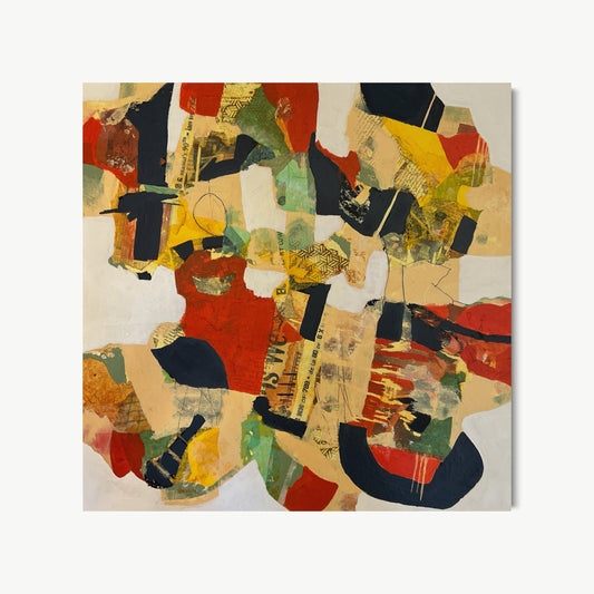 Lost Equations – complex mixed media painting by Cox with collage fragments, newspaper textures, and painted forms in deep red, black, olive, and tan in unresolved layered composition