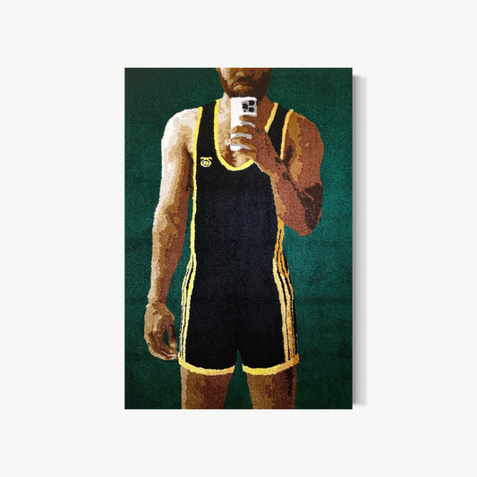 Cool Story Breaux – tufted acrylic yarn artwork by Cedric Vu with figure in black and gold athletic kit raising phone for selfie against teal background, portrait of performance and self-documentation in a generation constructing its own image
