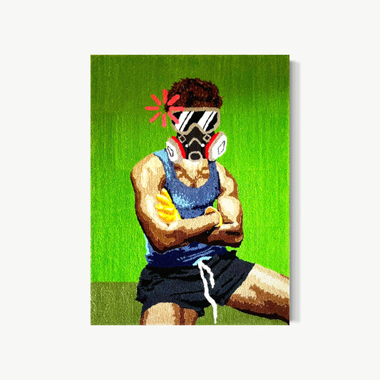 Do You Smell Fumes – tufted acrylic yarn artwork by Cedric Vu at 68 by 48 inches with gas-masked self-portrait figure arms crossed and single red flower against electric green ground on cotton