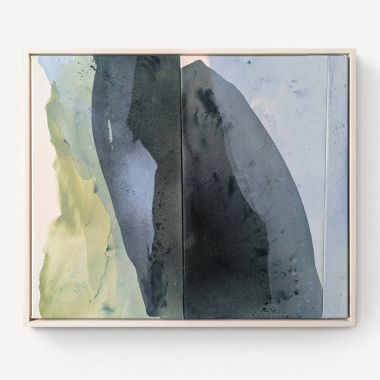 Fragments of Now – color field painting by Rita with two vertical fields of pale yellow-green and deep slate leaning into each other across a thin line of light, cinematic and still