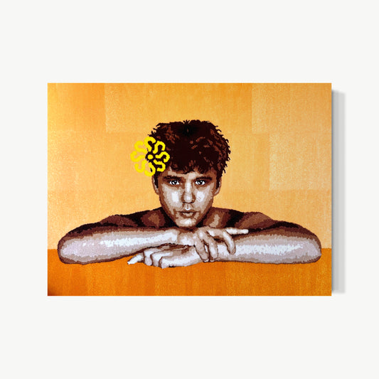 28 – tufted acrylic yarn self portrait by Cedric Vu with face looking directly back at viewer, chin on folded arms, yellow flower in hair, on warm orange ground, calm direct and certain