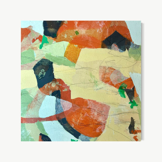 Cabernet Harvest – small abstract painting by Cox in warm reds and dusty greens with circular and arc forms suggesting harvest ripeness on a pale layered ground
