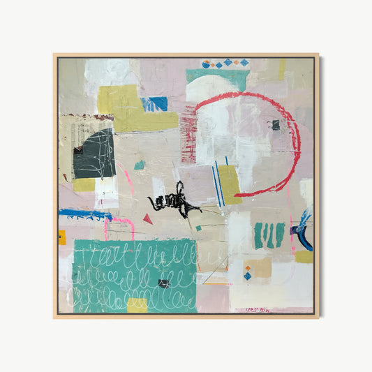 Entering with Alfred – mixed media painting by Corcelle in sage, teal, ivory, and rose with bold red circular mark and cursive pencil lines evoking an annotated map
