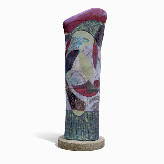 Forest Murmurs – tall studio raku ceramic column by Gustavson with deep jewel tones of purple, teal, and warm earth built through multiple glaze layers over four decades of refinement