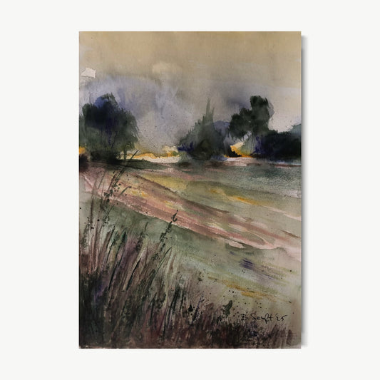 Morning Rural Landscape – oil painting by Batia of a rural field at early morning with blue-grey sky breaking through cloud, dark tree horizon with amber light coming through, and gestural foreground grasses in olive green and dusty rose