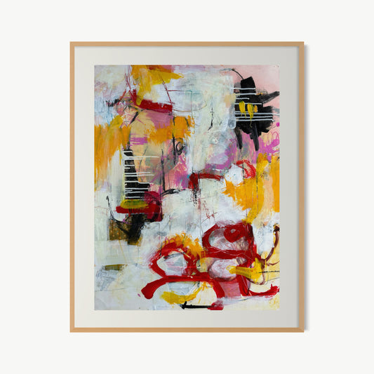 Orquevaux White Whispers 2 – gestural mixed media painting by Corcelle with bold red and yellow marks sweeping across pale ground from Château d’Orquevaux residency